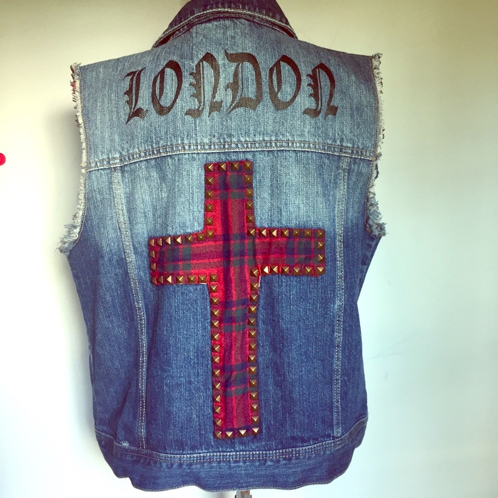 Forever 21 denim Jean jacket vest London plaid M